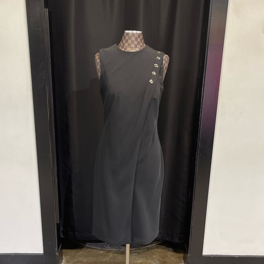 Black with gold button semi formal cocktail.